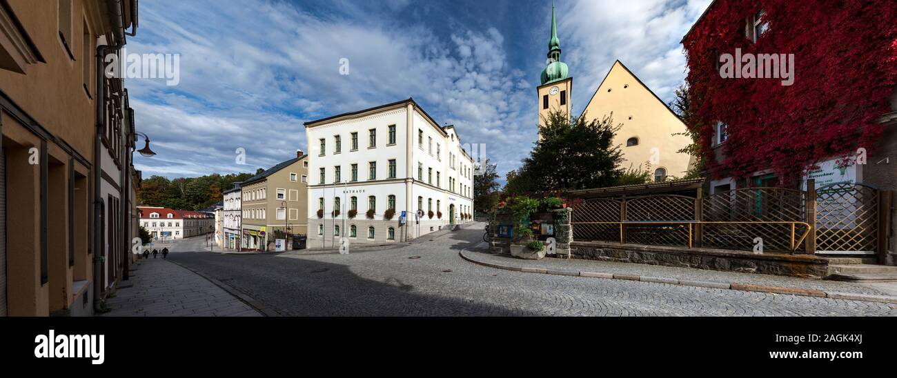 Town Hall of Sebnitz and the Evangelical Peter and Paul Church Stock Photo