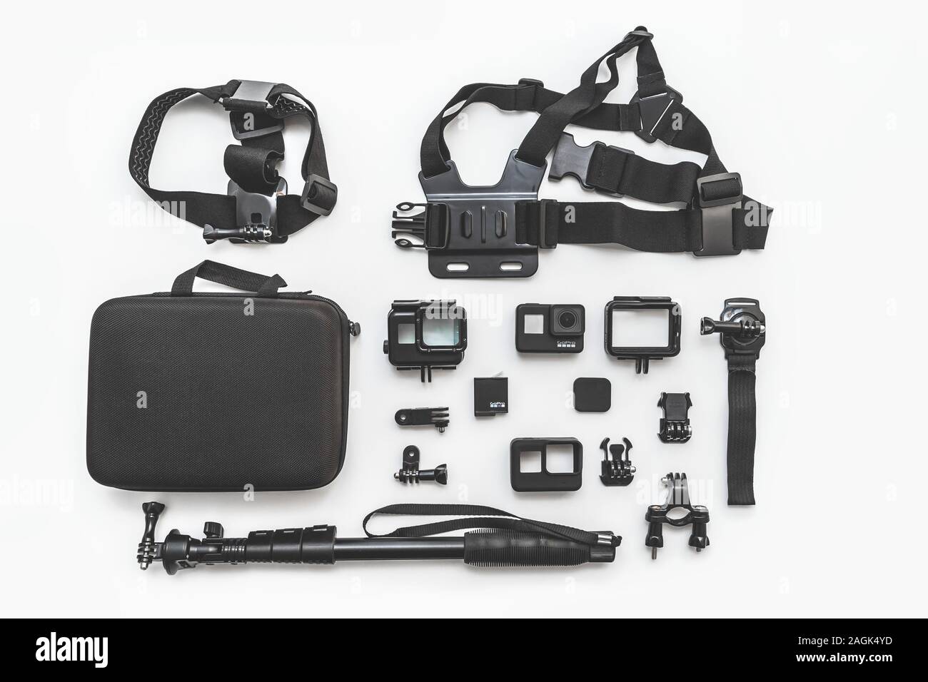 Minsk, Belarus - December 20, 2019: GoPro HERO 7 Black action camera with accessories on white background top view. Stock Photo