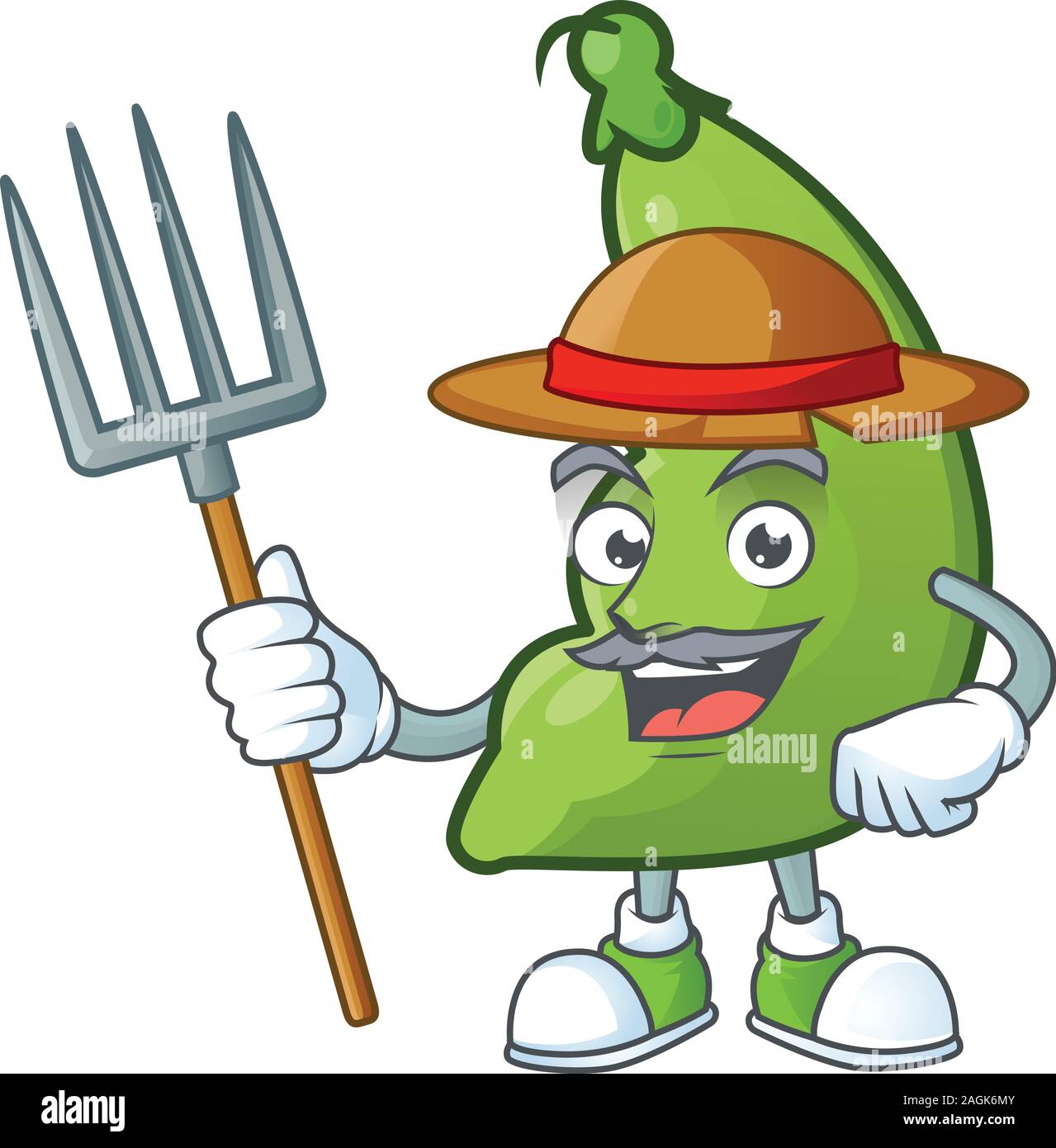 Happy Farmer broad beans cartoon mascot with hat and tools Stock Vector