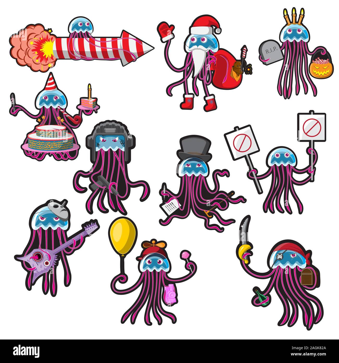 The set of characters of the cartoon jellyfish isolated on a white background. Vector image Stock Vector