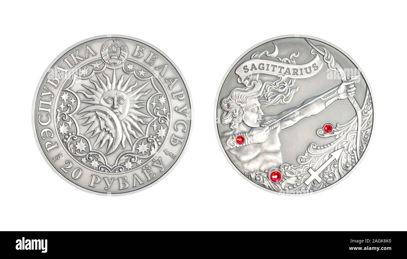 Silver coin 20 Belarus rubles Astrological sign sagittarius Stock Photo
