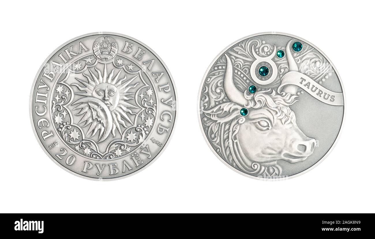 Silver coin 20 Belarus rubles Astrological sign taurus Stock Photo