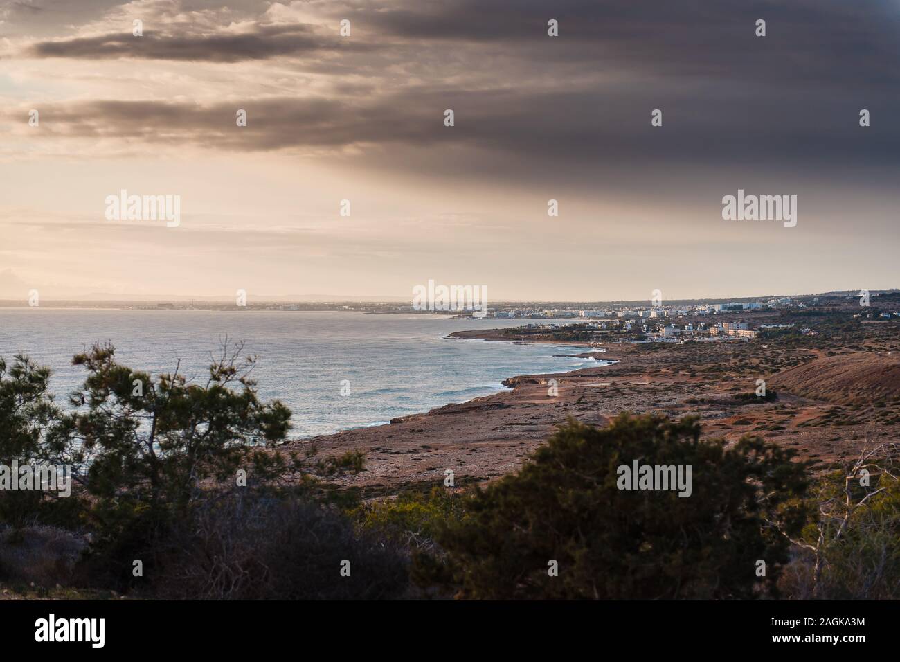 Long rocky shore with trees and restless sea. Houses in the background