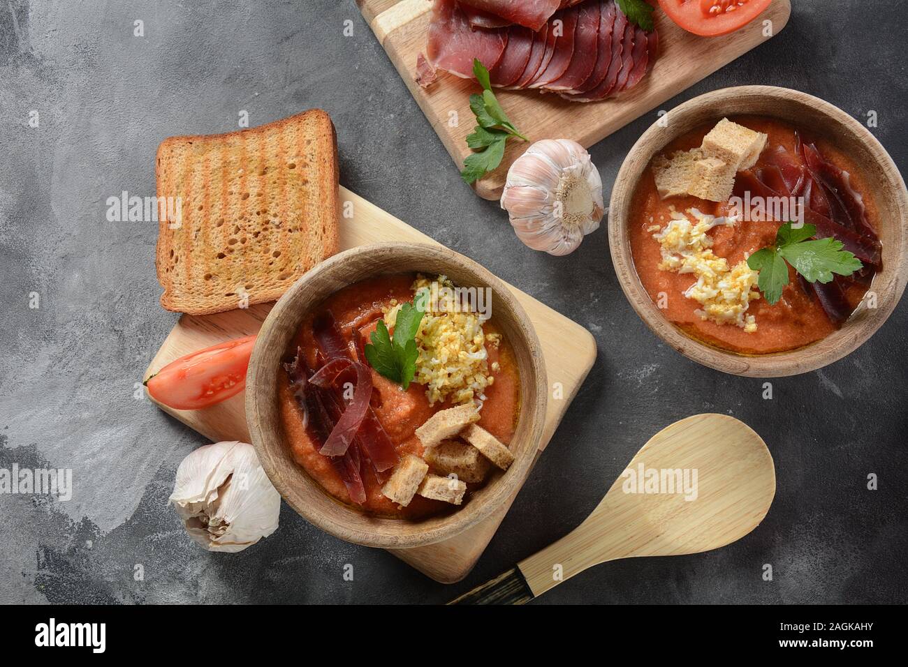 Traditional Spanish andalusian tomato cream soup Salmorejo served with