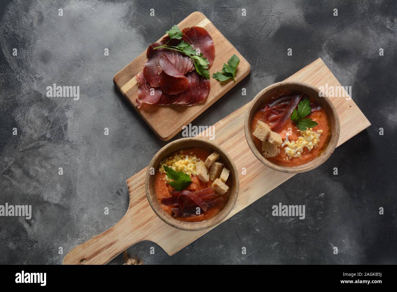 Traditional Spanish andalusian tomato cream soup Salmorejo served with