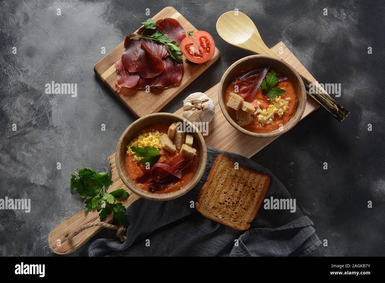 Traditional Spanish andalusian tomato cream soup Salmorejo served with