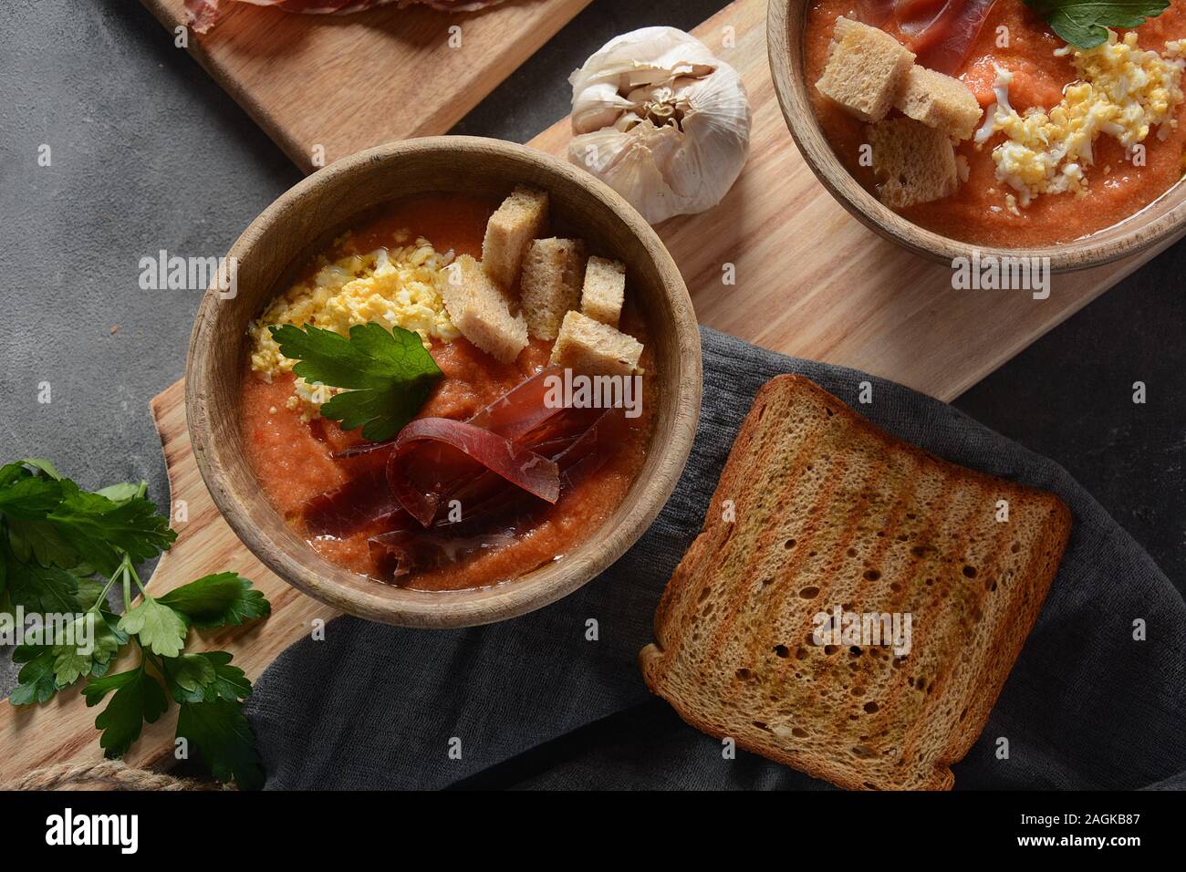 Traditional Spanish andalusian tomato cream soup Salmorejo served with