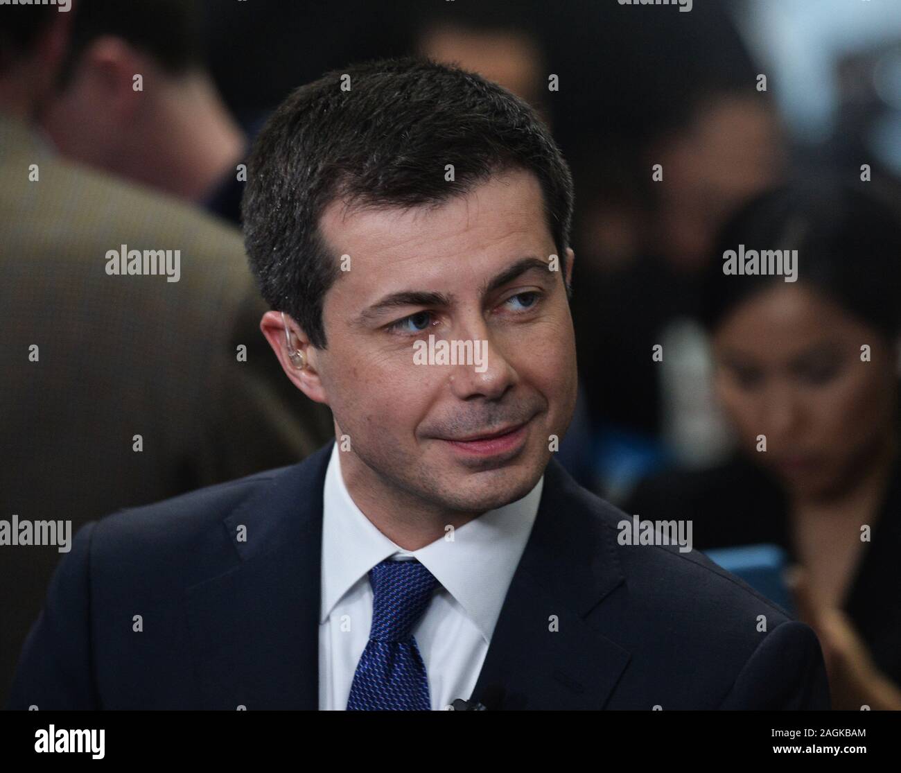 Los Angeles, United States. 20th Dec, 2019. Democratic presidential candidate Mayor Pete Buttigieg speaks to the media following the sixth Democratic debate co-hosted by the PBS Newshour and Politico on the campus of Loyola Marymount University on Thursday, December 19, 2019 in Los Angeles. Photo by Jim Ruymen/UPI Credit: UPI/Alamy Live News Stock Photo