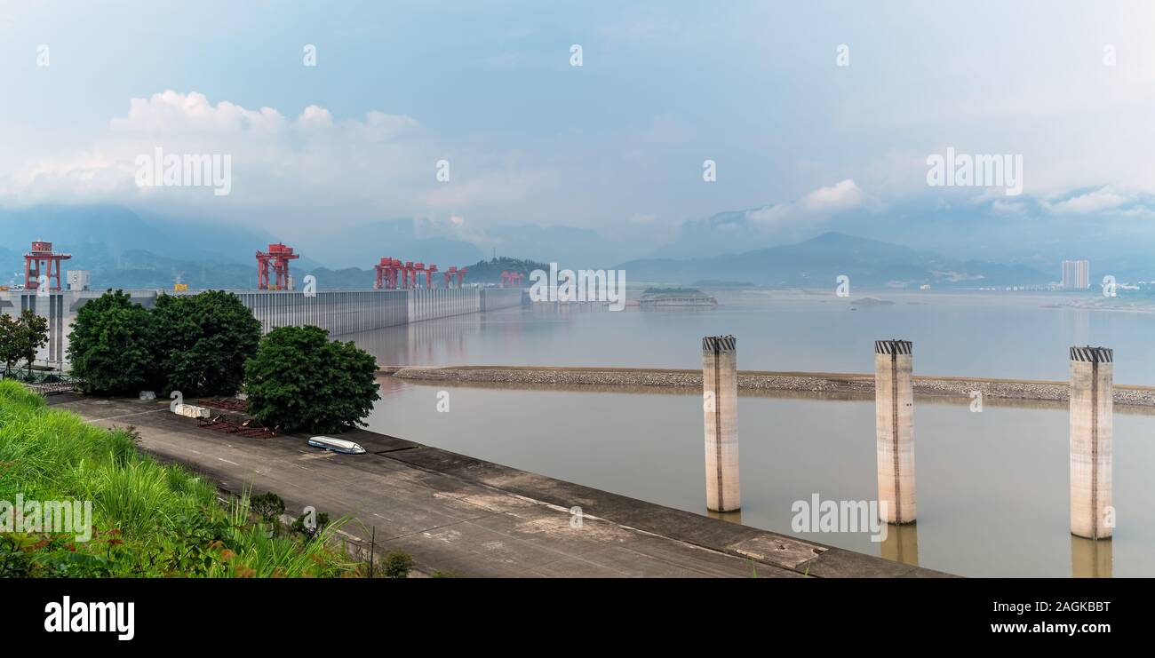 Yangtze River, China - August 2019 : Panoramic view of the Three Gorges Dam on the Yangtze River, the largest river dam in the world. Yichang City, Hu Stock Photo