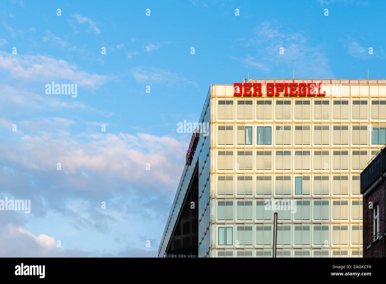 Hamburg, Germany - August 3, 2019: Der Spiegel banner on headquarter of the company in Hamburg. It is a German weekly news magazine Stock Photo