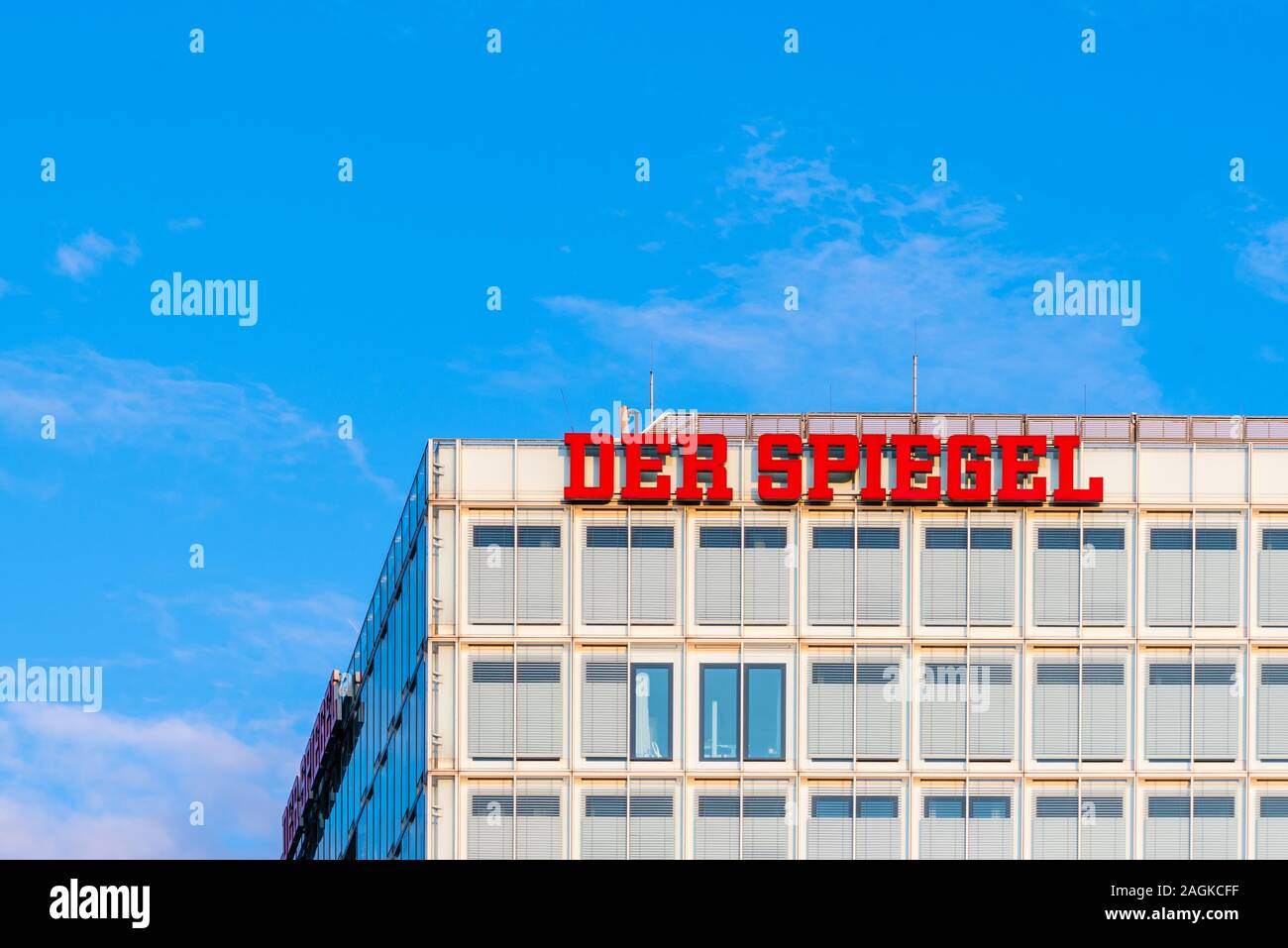 Hamburg, Germany - August 3, 2019: Der Spiegel banner on headquarter of the company in Hamburg. It is a German weekly news magazine Stock Photo