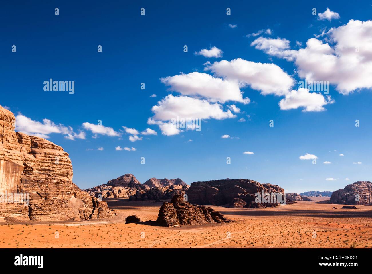 Wadi Rum, landscapes of  sandy desert, and view of eroded rocky moutains, Jordan, middle east, Asia Stock Photo