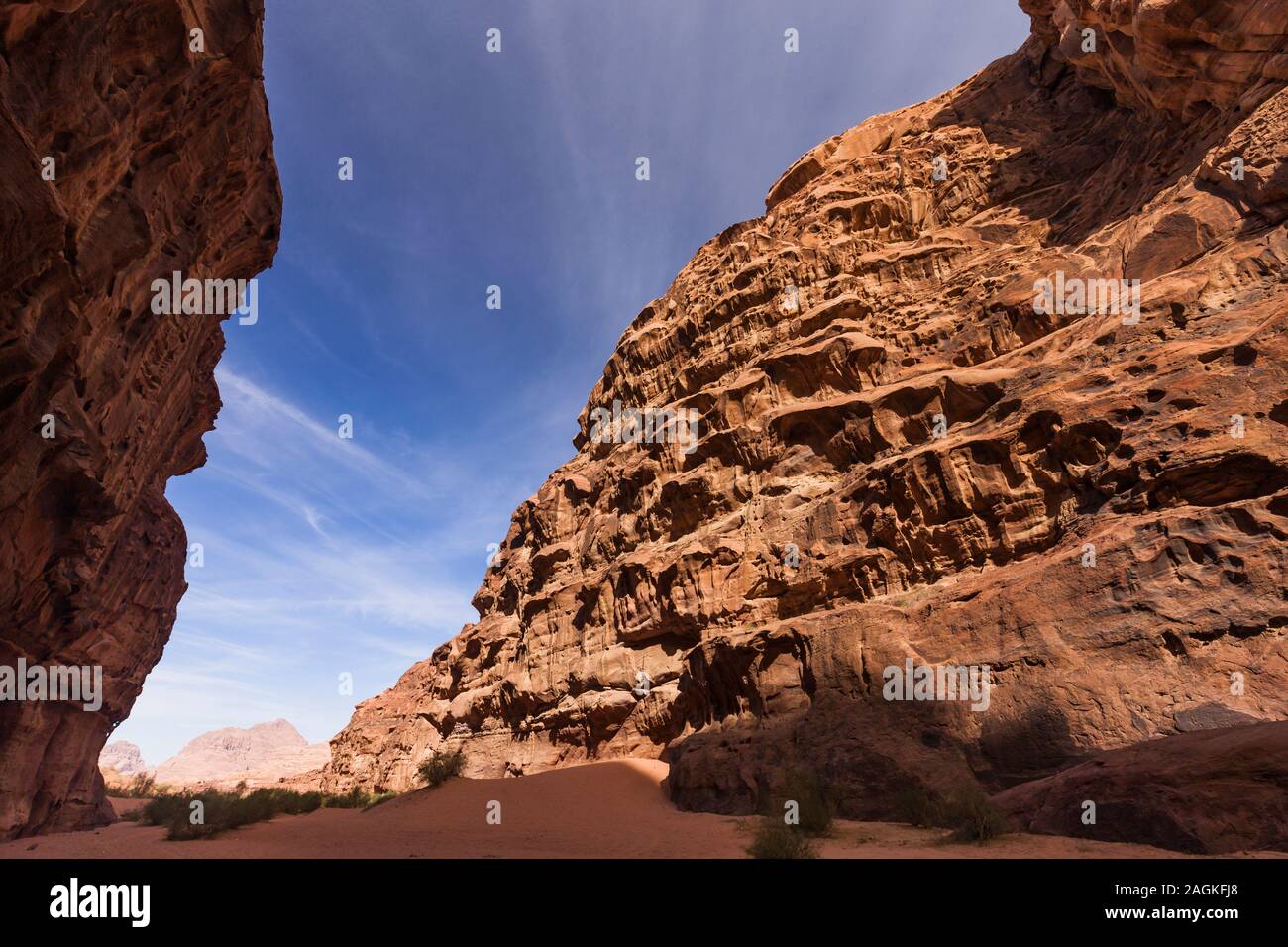 Wadi Rum, natural eroded gorge in desert, and view of eroded rocky cliff, Jordan, middle east, Asia Stock Photo