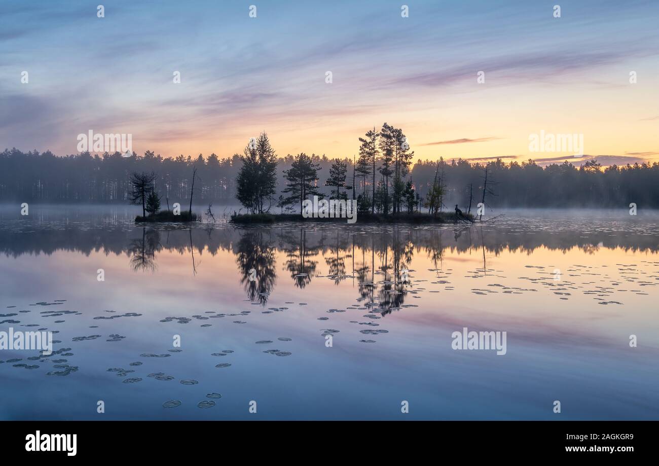 Beautiful sunrise landscape with misty mood and calm lake at foggy summer morning in Finland Stock Photo