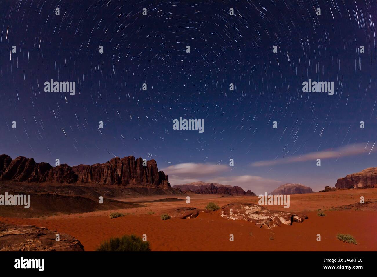 Wadi Rum, landscapes of  sandy desert, and view of eroded rocky moutains, stars in the night, Jordan, middle east, Asia Stock Photo