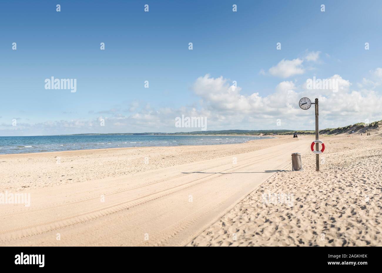 Empty beach and lifebuoy at Tylosand, Halmstad, Halland, Sweden, Scandinavia Stock Photo