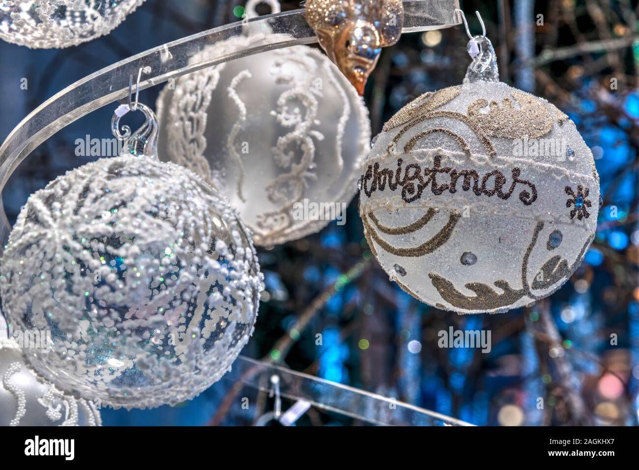 Christmas baubles, Rathaus Christmas Market, Vienna, Austria Stock Photo