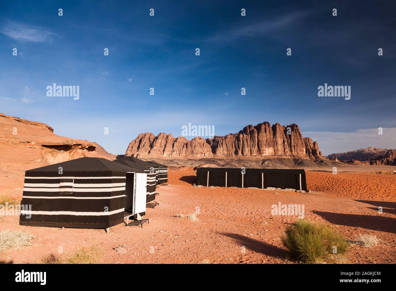 Wadi Rum, tourist camp site, and landscapes of  sandy desert, and view of eroded rocky mountains, Jordan, middle east, Asia Stock Photo