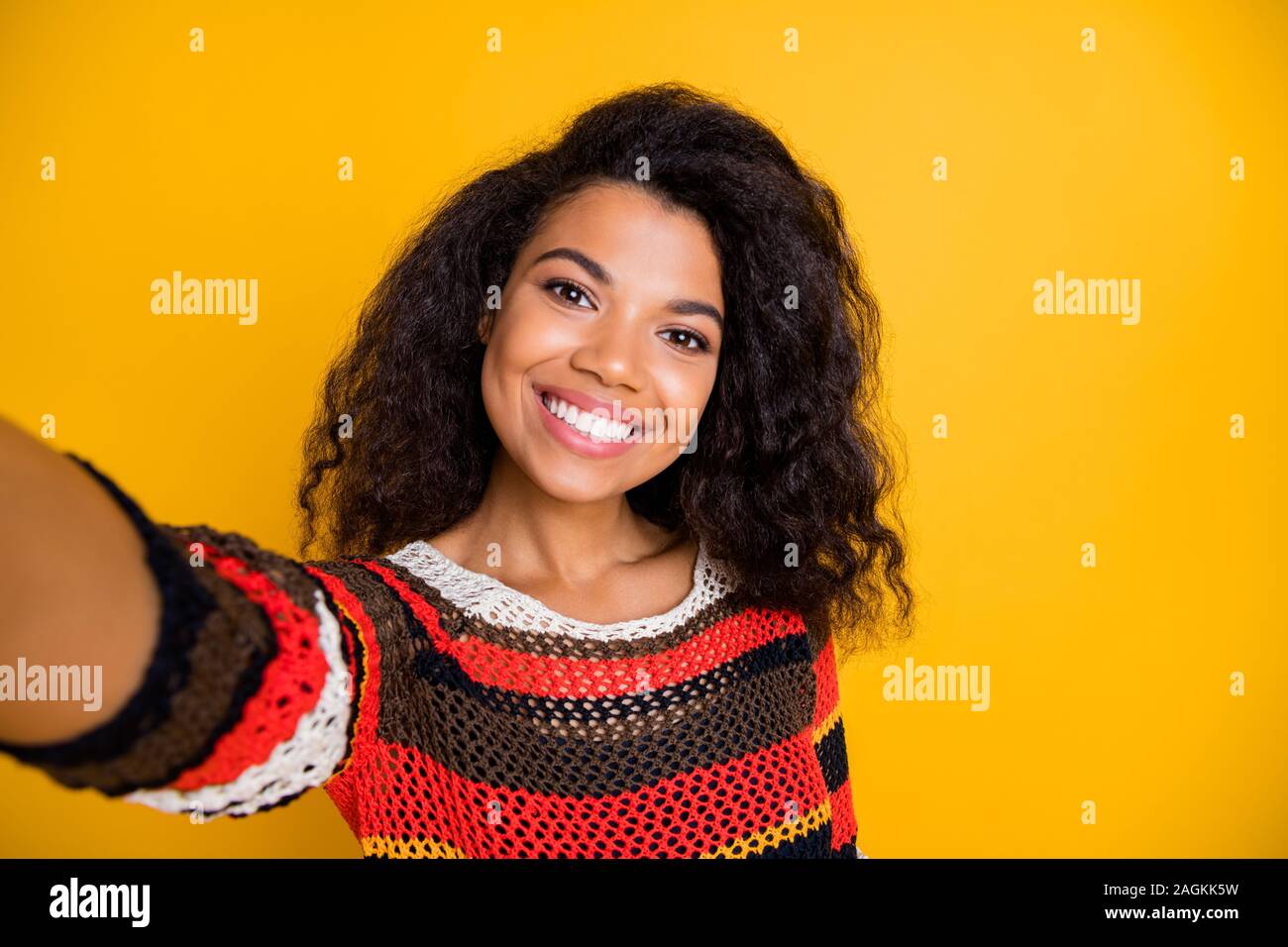 Close up photo of positive cheerful sweet cute afro american girl have  summer trip make selfie video call feel content expression wear striped  shirt Stock Photo - Alamy, image size:1300x956
