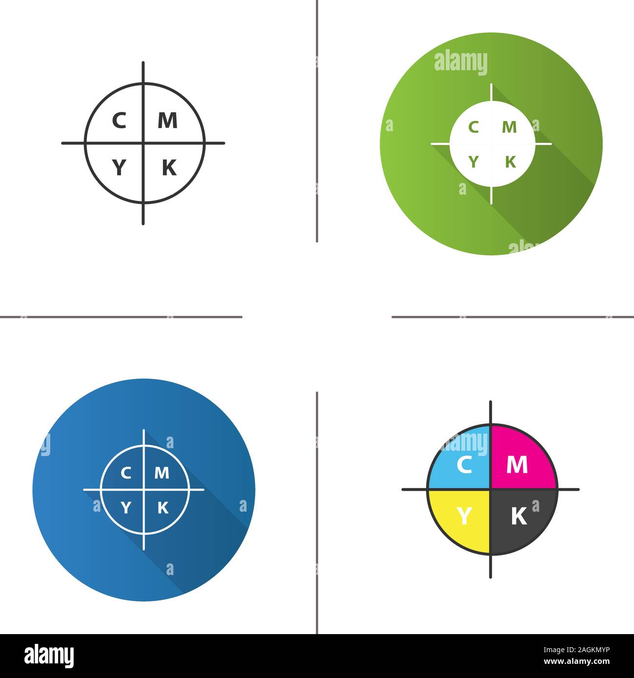 CMYK color circle model icon. Cyan, magenta, yellow, key scheme. Flat design, linear and color