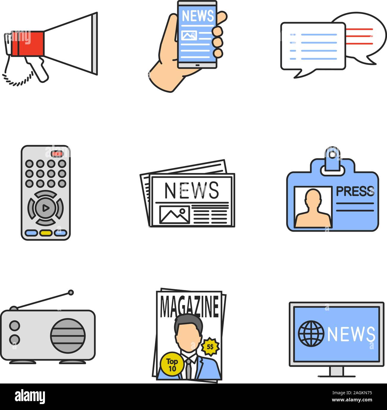 Mass media color icons set. Megaphone, online news, chat, TV controller,  newspaper, press ID card, radio, magazine, TV news. Isolated vector  illustrat Stock Vector Image & Art - Alamy