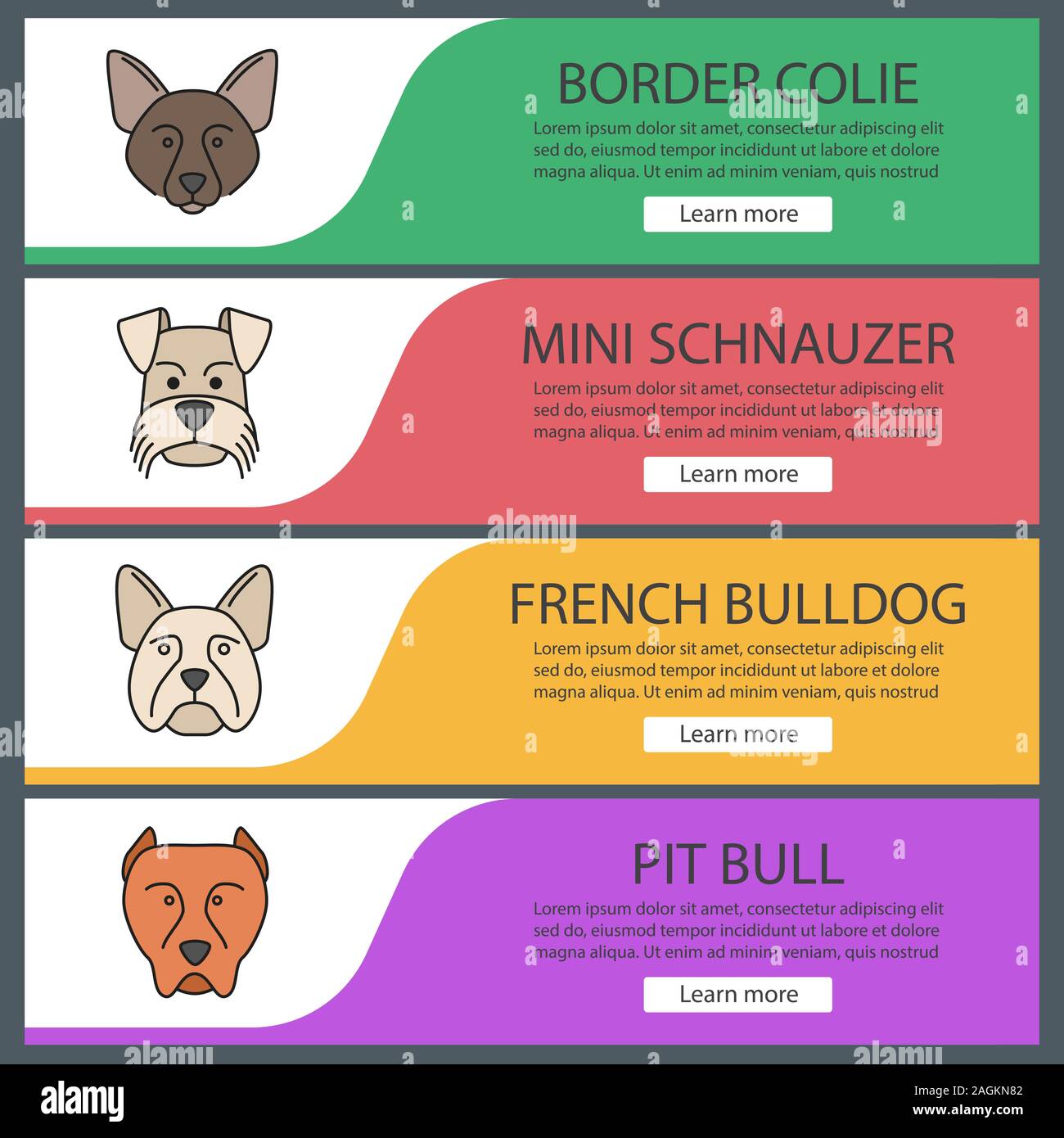 Dogs breeds web banner templates set. Website color menu items.  Border Collie, Mini Schnauzer, French bulldog, pit bull. Vector headers design concep Stock Vector