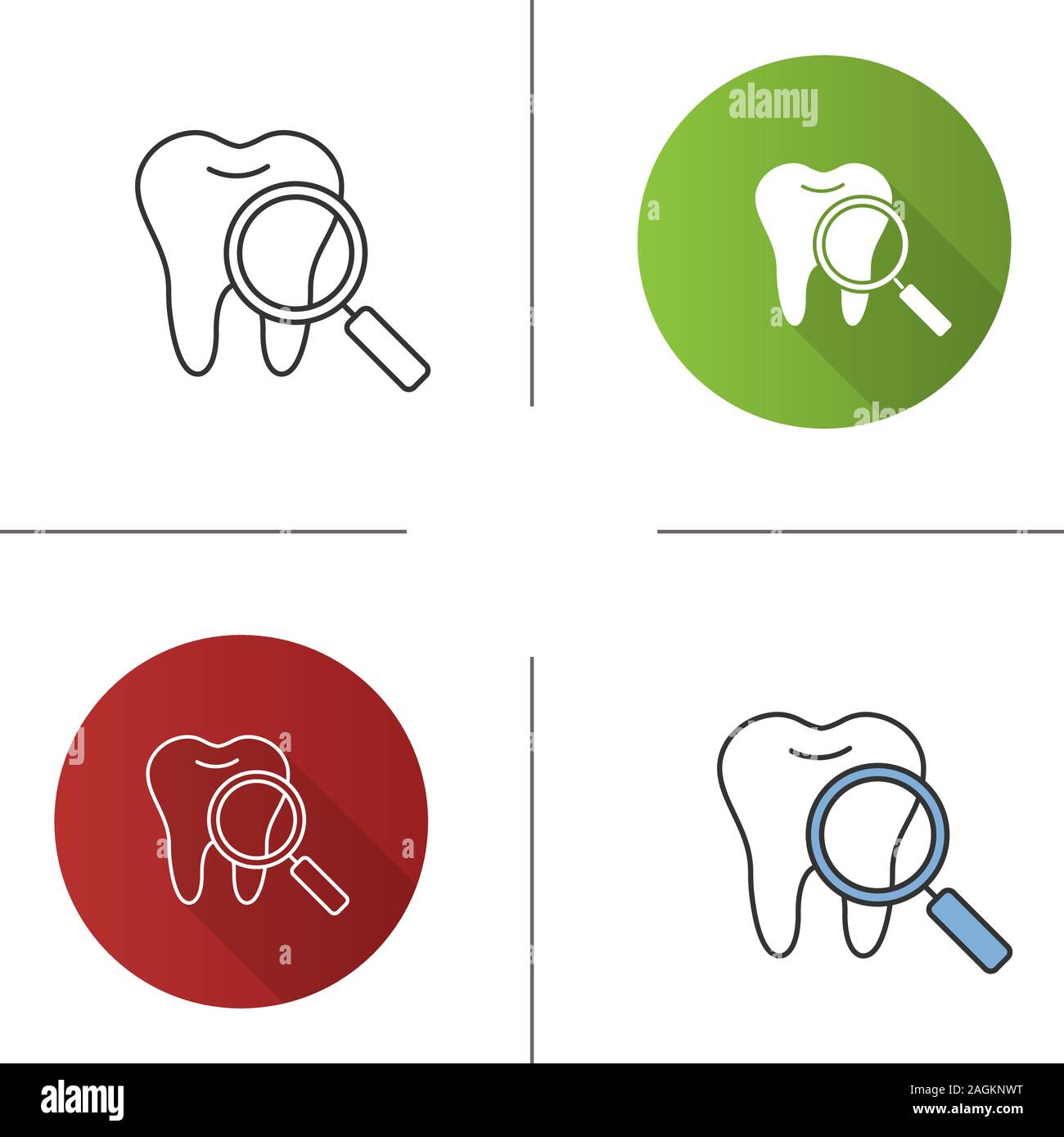 Teeth medical check icon. Tooth with magnifying glass. Flat design