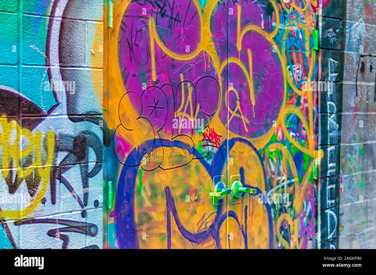 Graffiti adorned door at tripper's alley or poet's alley or graffiti alley or bubble gum alley next to Michigan theater at Ann Arbor, Michigan. Stock Photo