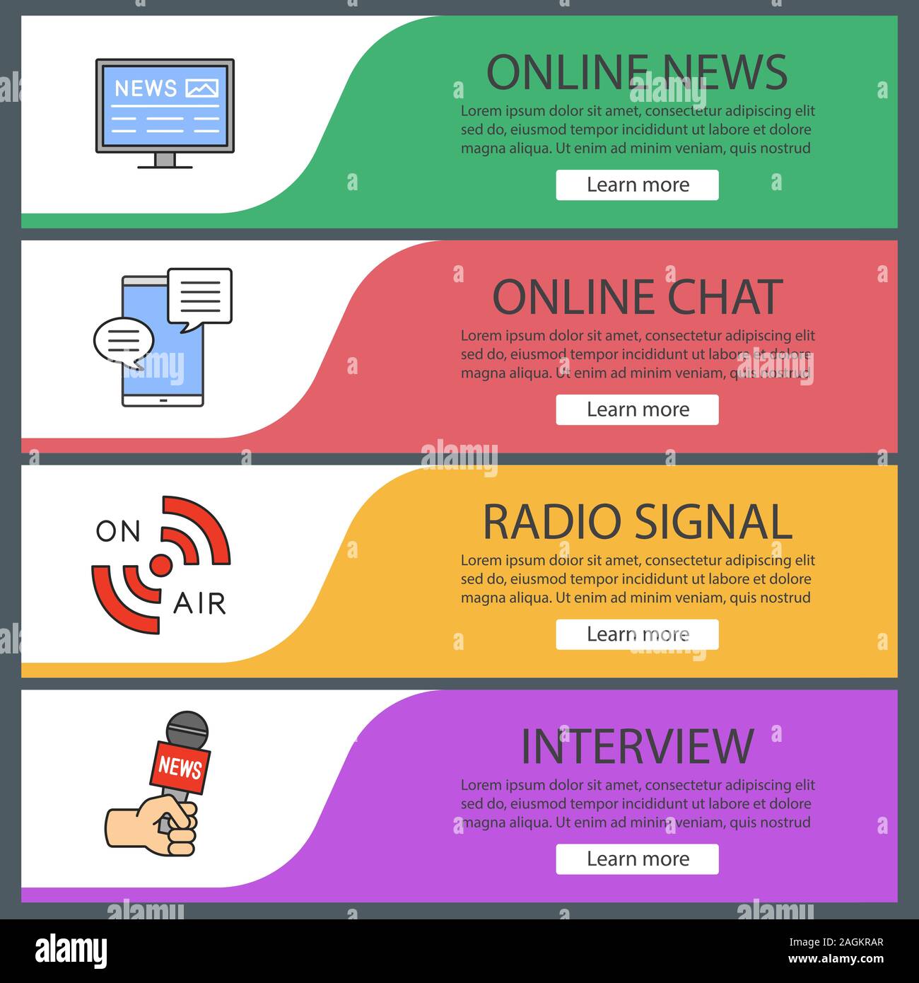 Mass media web banner templates set. Electronic newspaper, online chat,  radio signal, interview. Website color menu items. Vector headers design  conce Stock Vector Image & Art - Alamy