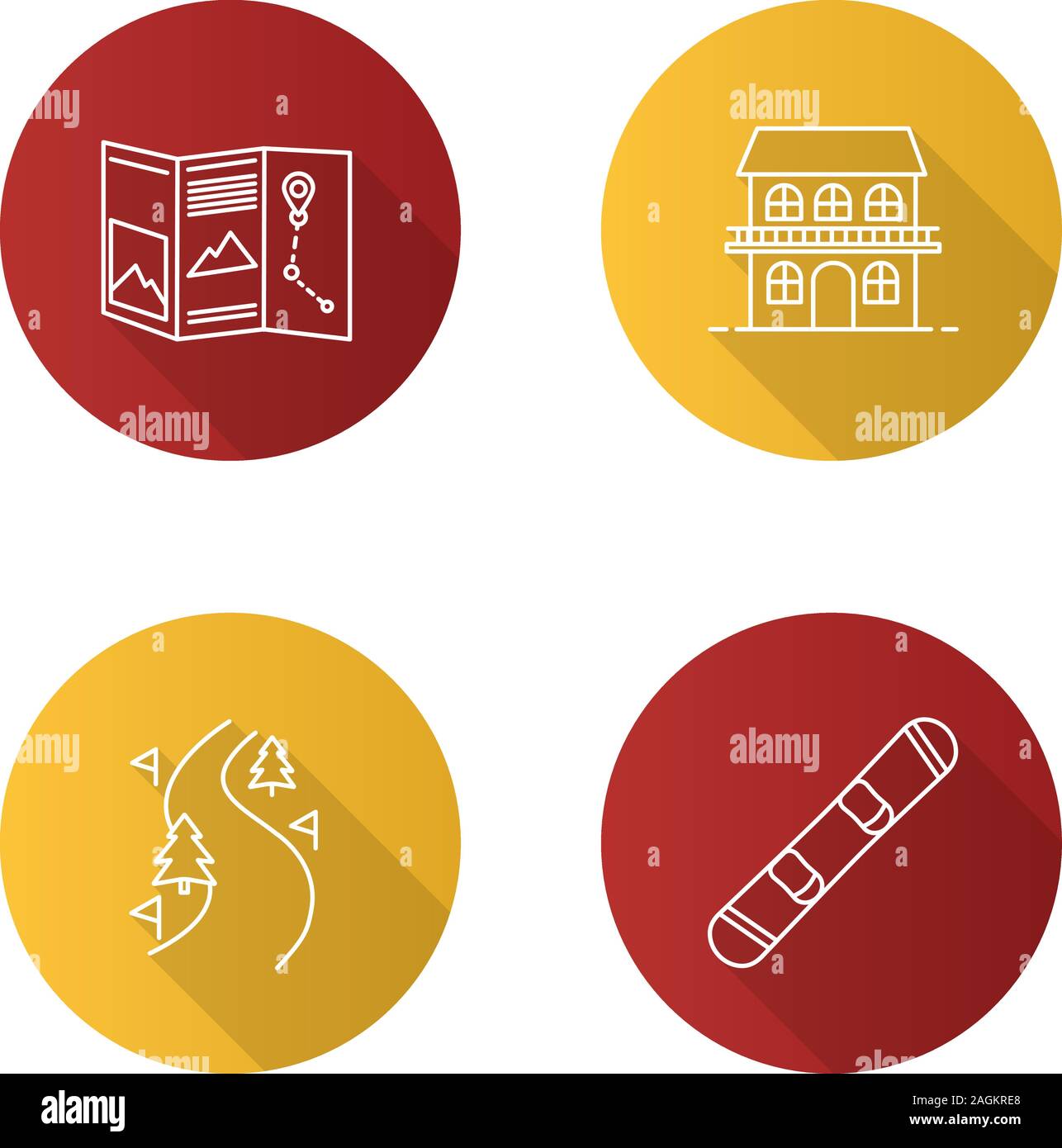 Winter activities flat linear long shadow icons set. Paper map, cottage, ski route, snowboard. Vector outline illustration Stock Vector