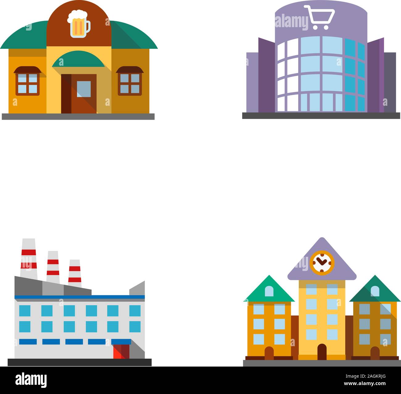 City buildings flat design long shadow color icons set. Pub, shopping ...