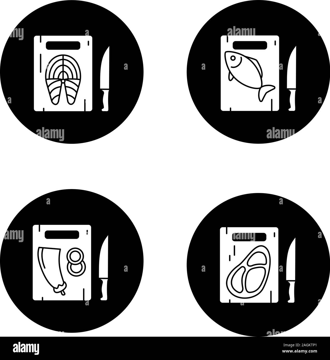 Food cutting glyph icons set. Cutting boards with salmon fish, eggplant ...