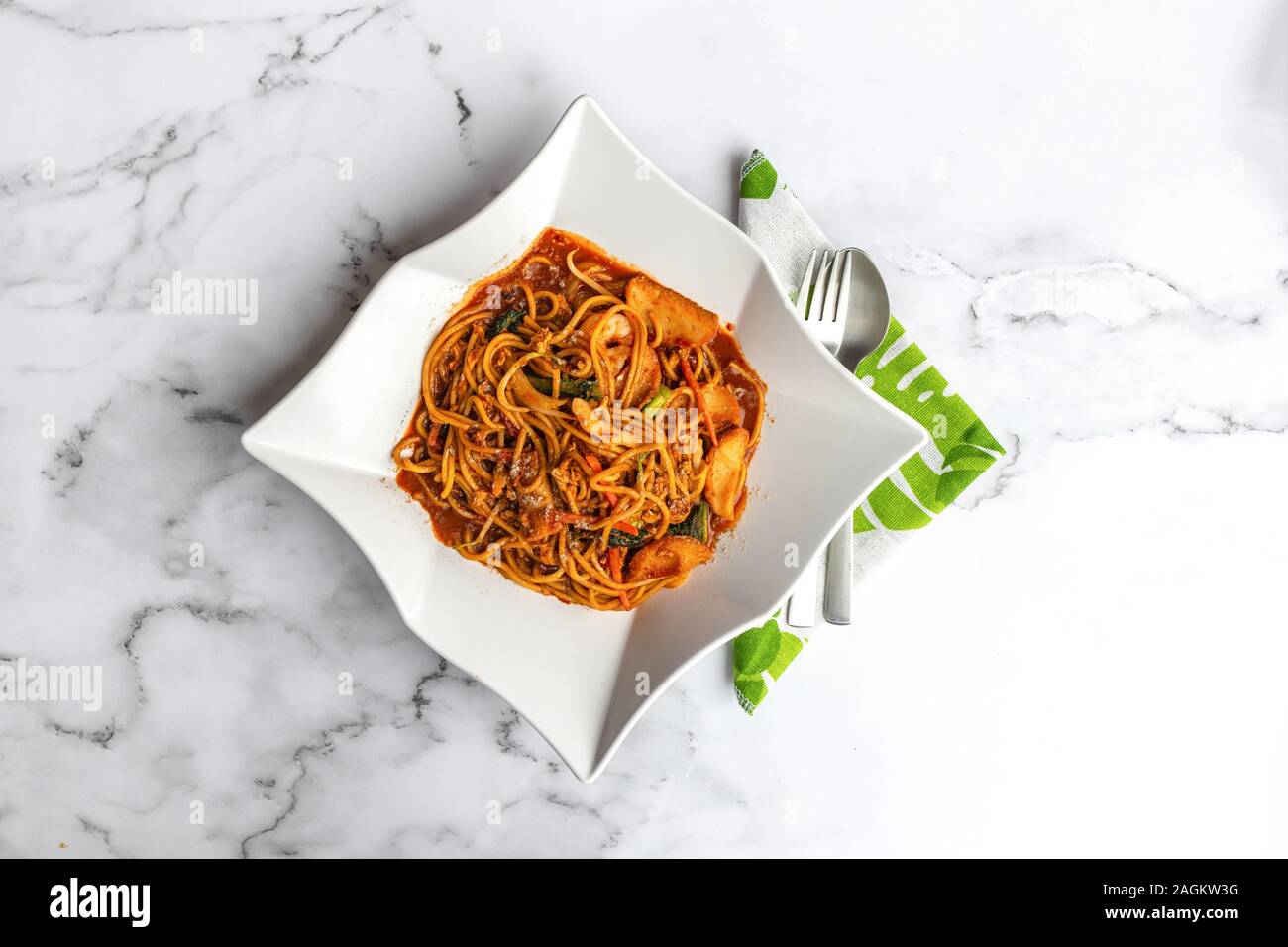 Mee Goreng An Asian Malay Spicy Fried Noodle Dish Originating From Indonesia Common In Malaysia Brunei Singapore Flat Lay Lunch Dinner Food On T Stock Photo Alamy