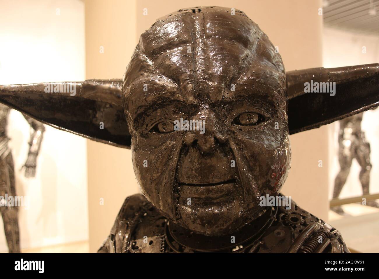 Closeup head shot of Steel sculpture of Yoda at 'Gallery of Steel