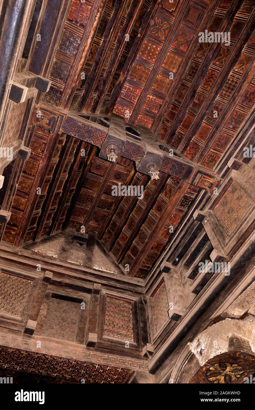 Ethiopia, Amhara Region, Lalibela, Yemrehanna Kristos monastery, inside cave church, etched inlaid wood paneled roof Stock Photo