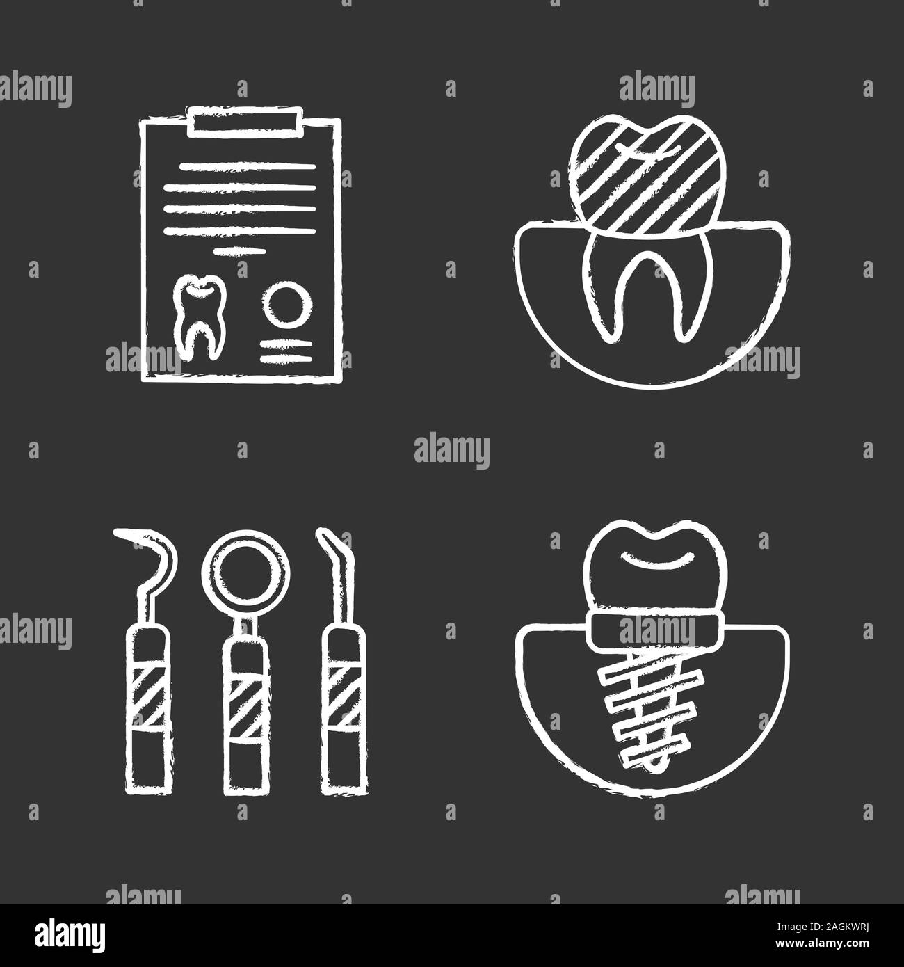 Dentistry chalk icons set. Stomatology. Diagnostic report, tooth