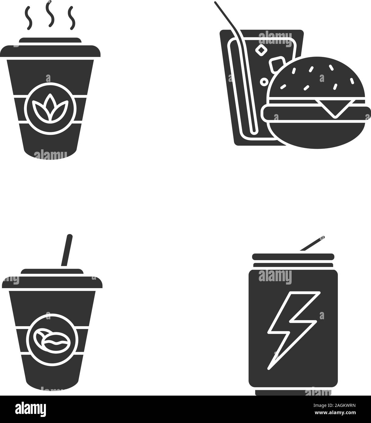 Drinks glyph icons set. Takeaway coffee and tea, energy drink, soda