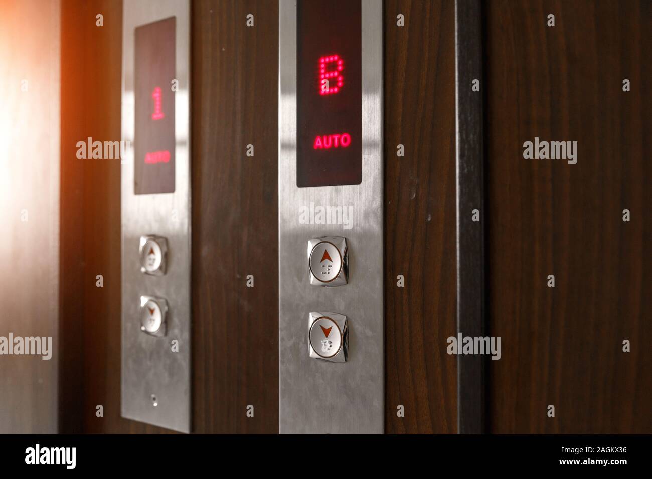 Elevator call buttons. selective focus, shallow depth of field Stock Photo