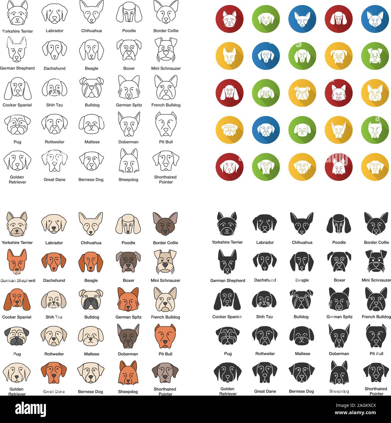Dogs breeds icons set. Canine. Guide, guardian, hunting, herding dogs. Linear, flat design, color and glyph styles. Isolated vector illustrations Stock Vector