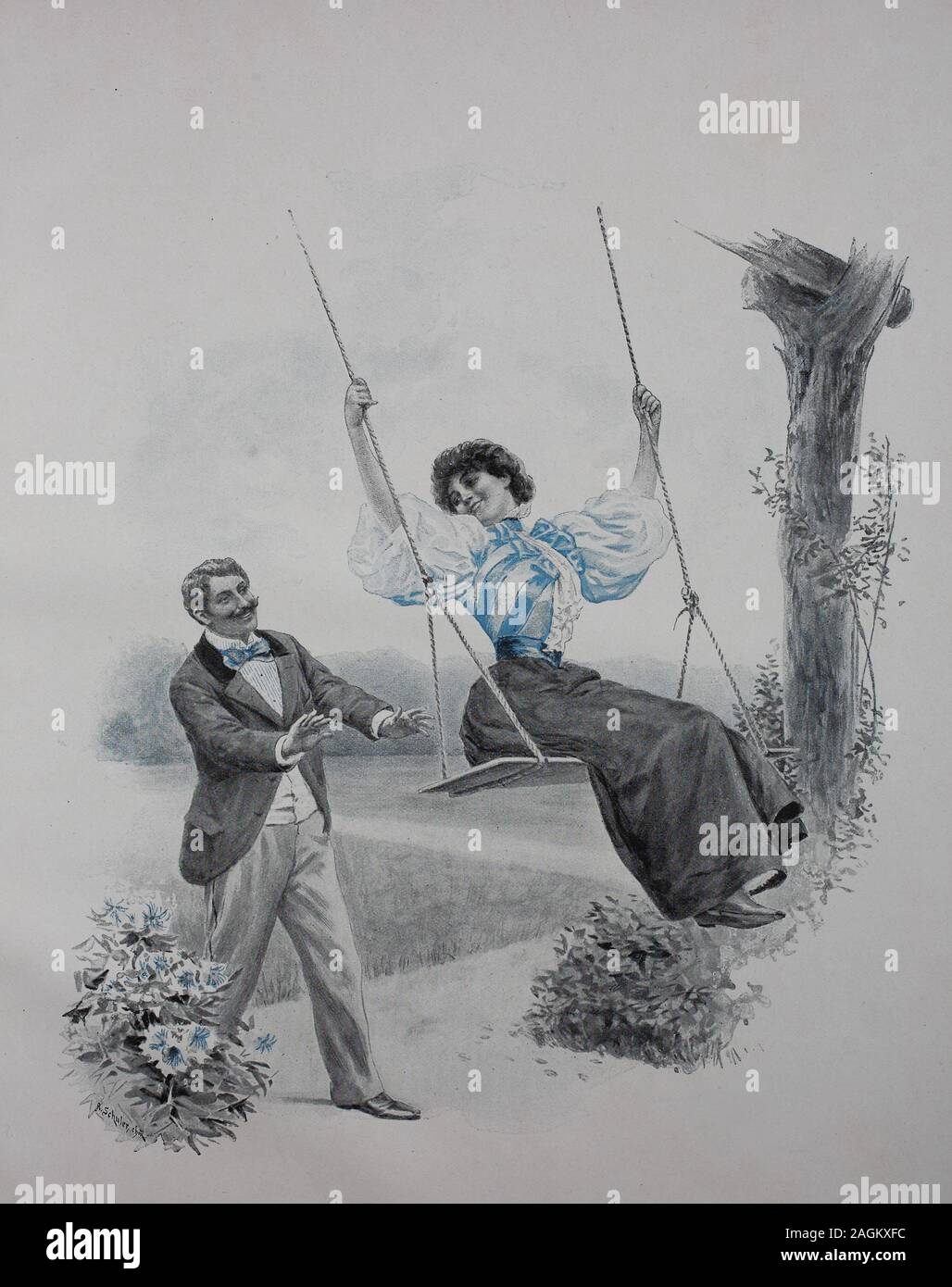 Couple playing with the swing, original print from the year 1899, Paar, das mit der Schaukel spielt, Reproduktion einer Originalvorlage aus dem 19. Jahrhundert, digital verbessert Stock Photo