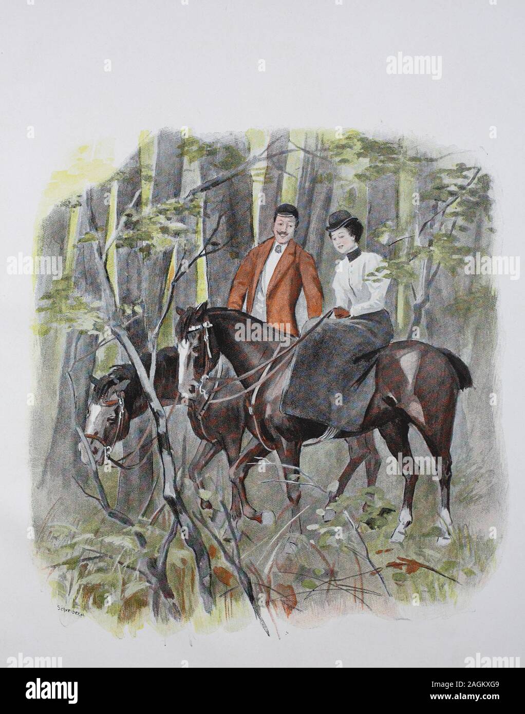 Couple rides on horses in the forest, original print from the year 1899, Paar reitet auf Pferden im Wald, Reproduktion einer Originalvorlage aus dem 19. Jahrhundert, digital verbessert Stock Photo
