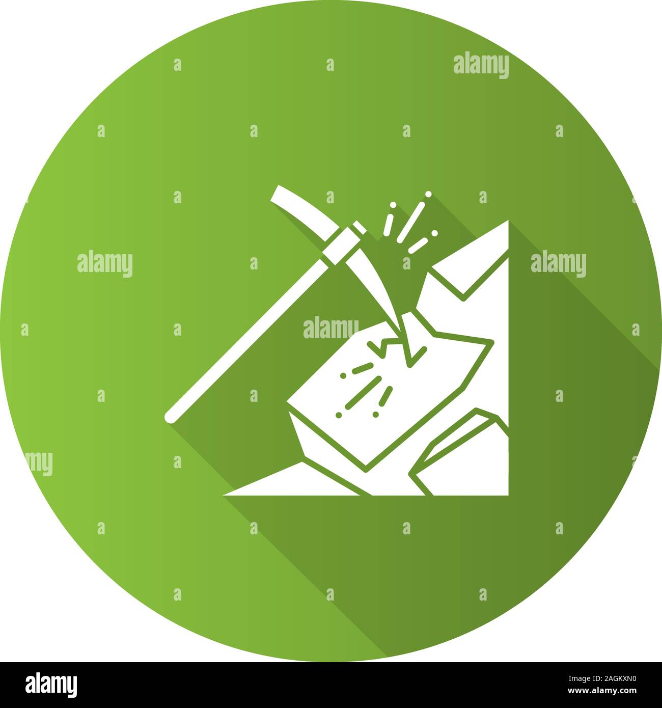 Pickaxe breaking mountain flat linear long shadow icon. Mining. Navvy pick. Vector outline symbol Stock Vector