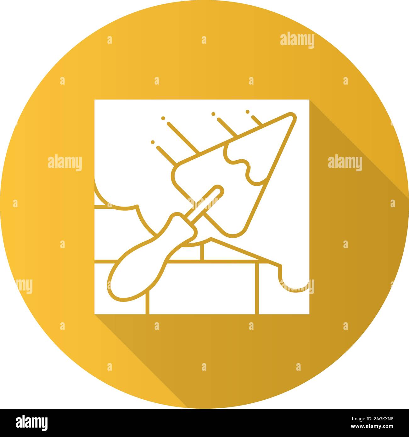 Brick wall with triangular shovel flat linear long shadow icon. Cement solution. Putty knife, spatula. Vector outline symbol Stock Vector