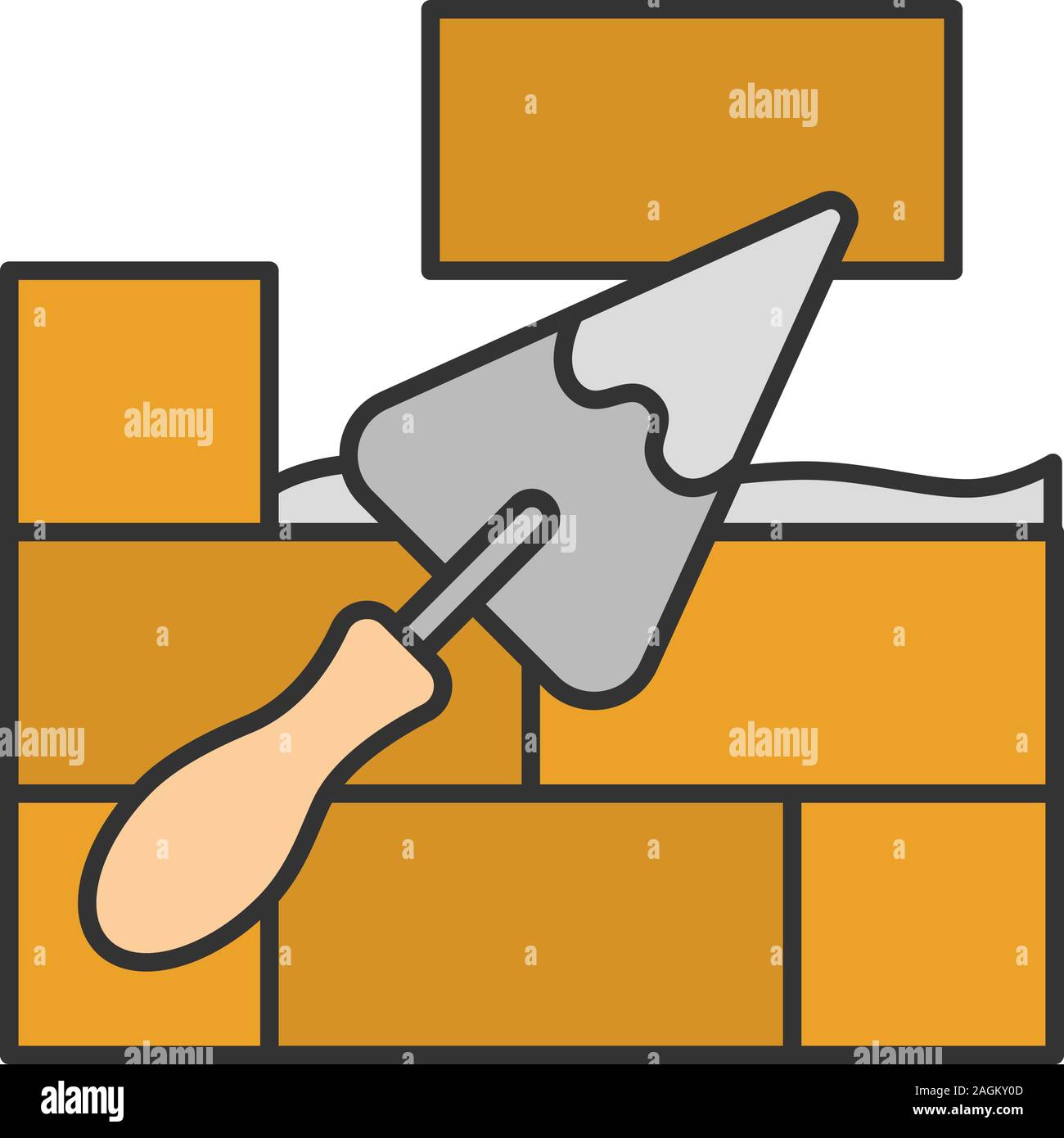 Brick wall with triangular shovel color icon. Putty knife, spatula. Cement solution. Isolated vector illustration Stock Vector