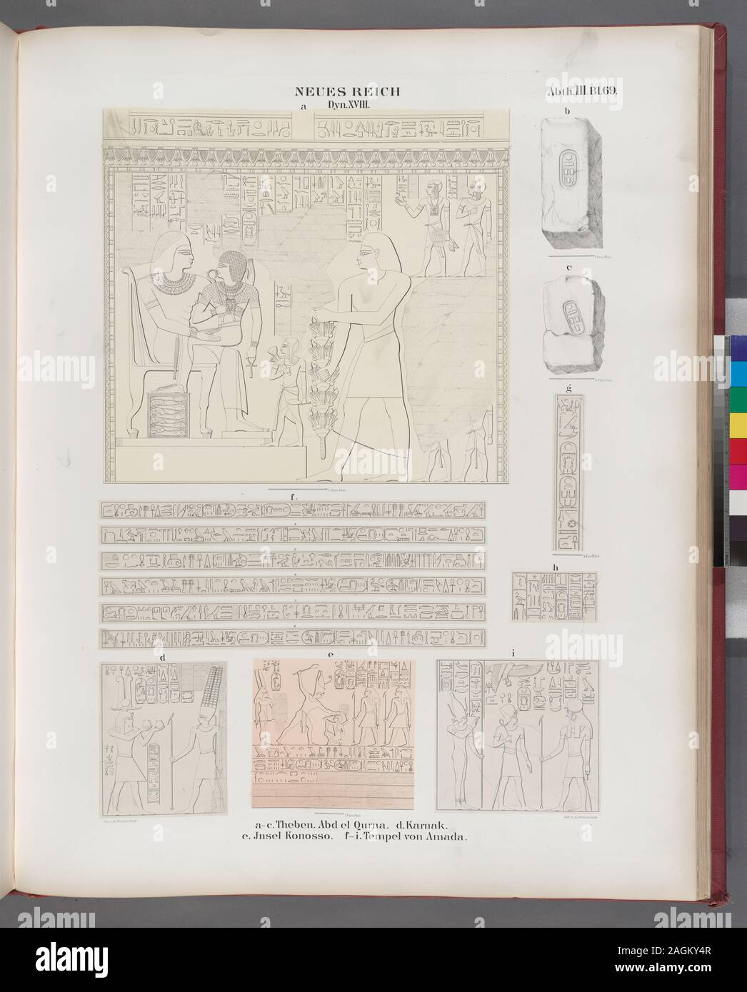 Neues Reich. Dynastie  XVIII.  a - c  Theben [Thebes].  Abd el Qurna ; d. Karnak; e. Insel Konosso; f - i  Tempel von Amada.; Neues Reich. Dynastie  XVIII.  a - c  Theben [Thebes].  Abd el Qurna ; d. Karnak; e. Insel Konosso; f - i  Tempel von Amada. Stock Photo