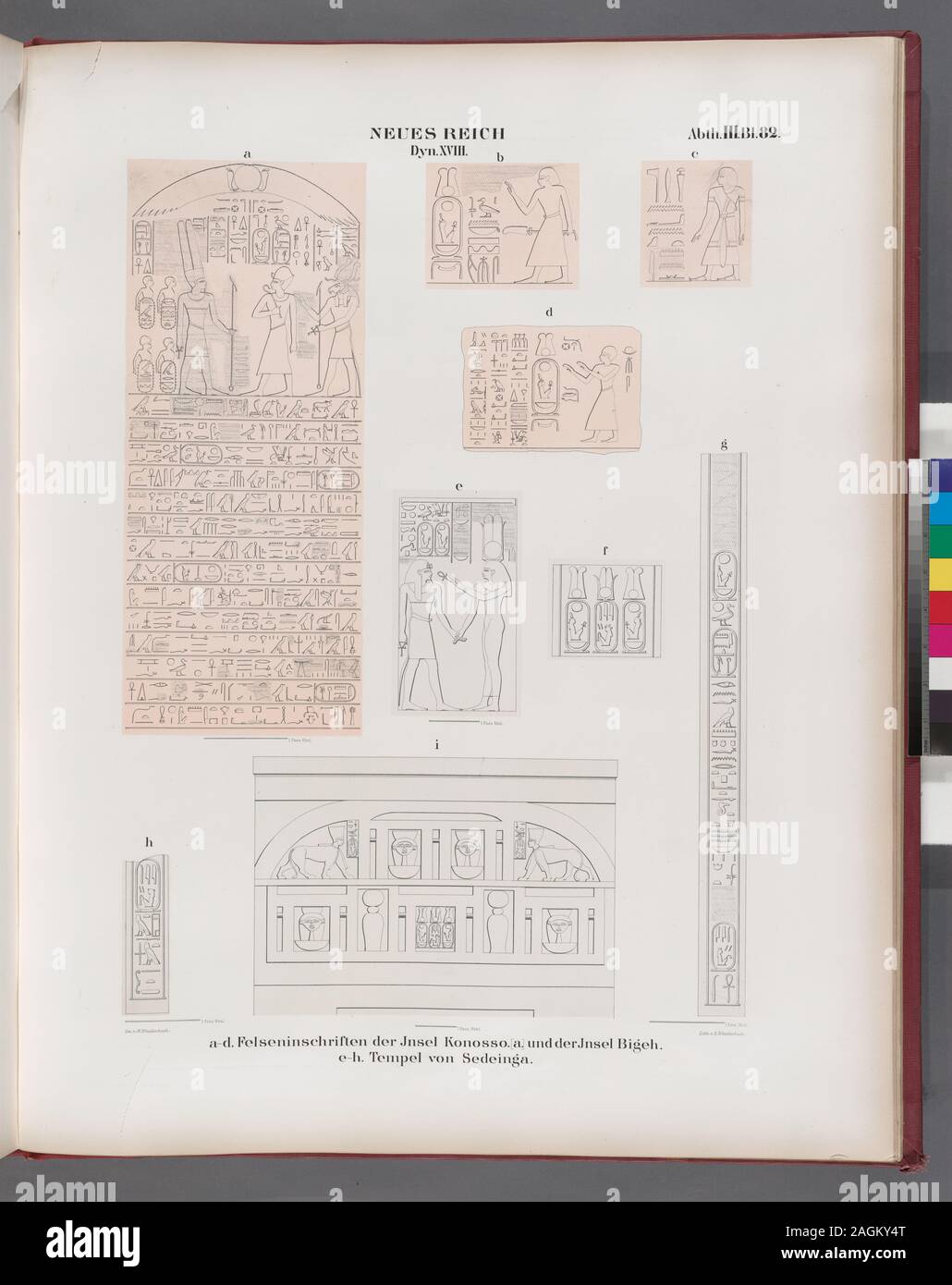 Neues Reich. Dynastie  XVIII.  a - d  Felseninschriften der Insel Konosso [a] und der Insel Bigeh; e - h Tempel von Sedeinga.; Neues Reich. Dynastie  XVIII.  a - d  Felseninschriften der Insel Konosso [a] und der Insel Bigeh; e - h Tempel von Sedeinga. Stock Photo