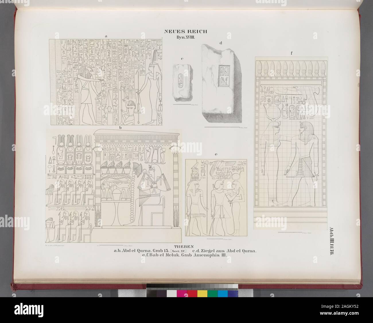 Neues Reich. Dynastie  XVIII. Theben [Thebes]:  a. b. Abd el Qurna: Grab 15 [Sect. XV.] ;  c. d. Ziegel aus Abd el Qurna; e. f. Bab el Meluk [Bîbân el-Mulûk]: Grab Amenophis III.; Neues Reich. Dynastie  XVIII. Theben [Thebes]:  a. b. Abd el Qurna: Grab 15 [Sect. XV.] ;  c. d. Ziegel aus Abd el Qurna; e. f. Bab el Meluk [Bîbân el-Mulûk]: Grab Amenophis III. Stock Photo