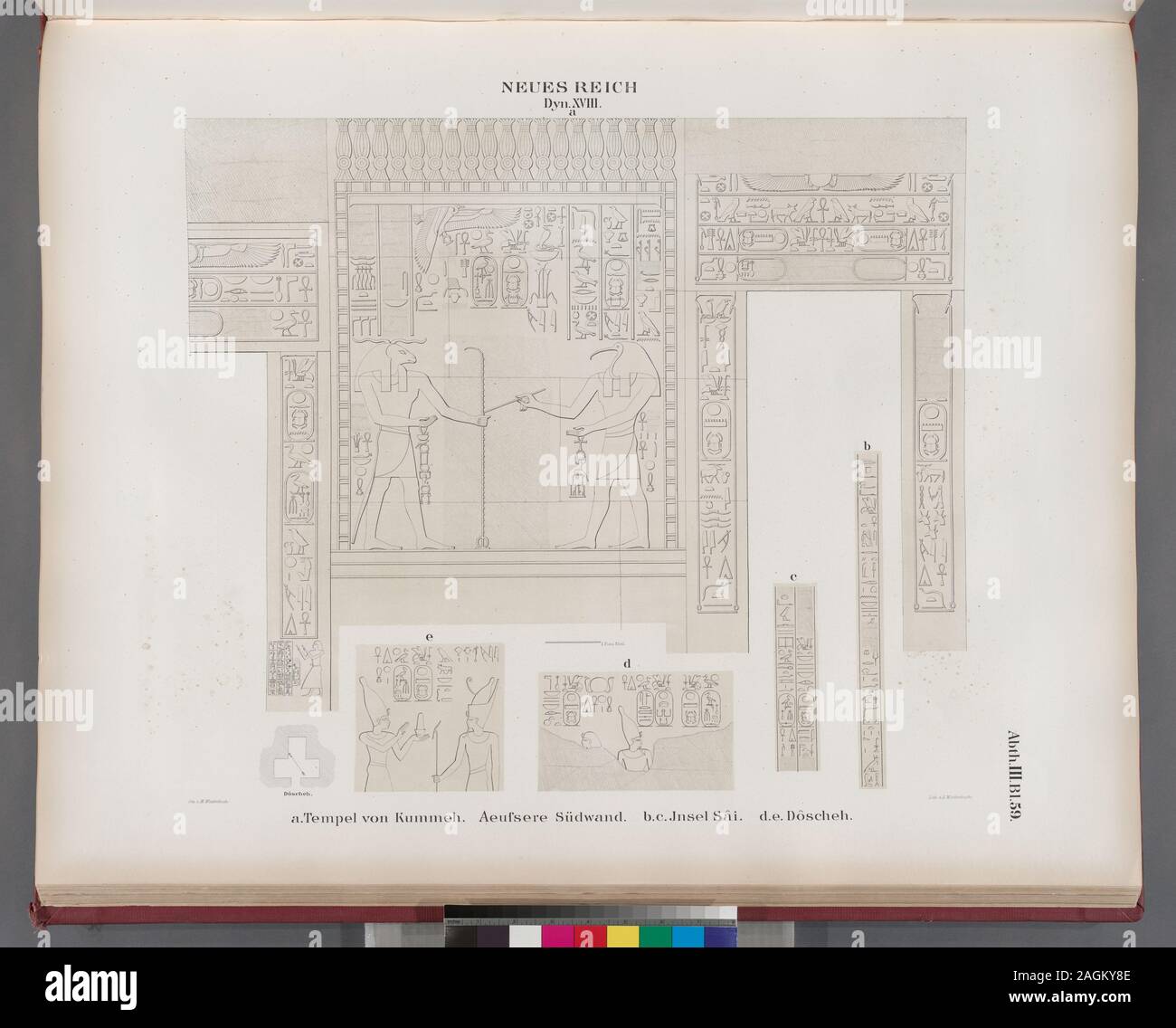 Neues Reich. Dynastie  XVIII.  a. Tempel von Kummeh [Kumma]:  Aeussere  Südwand; b. c. Insel Sâi; d. e. Dôscheh.; Neues Reich. Dynastie  XVIII.  a. Tempel von Kummeh [Kumma]:  Aeussere  Südwand; b. c. Insel Sâi; d. e. Dôscheh. Stock Photo