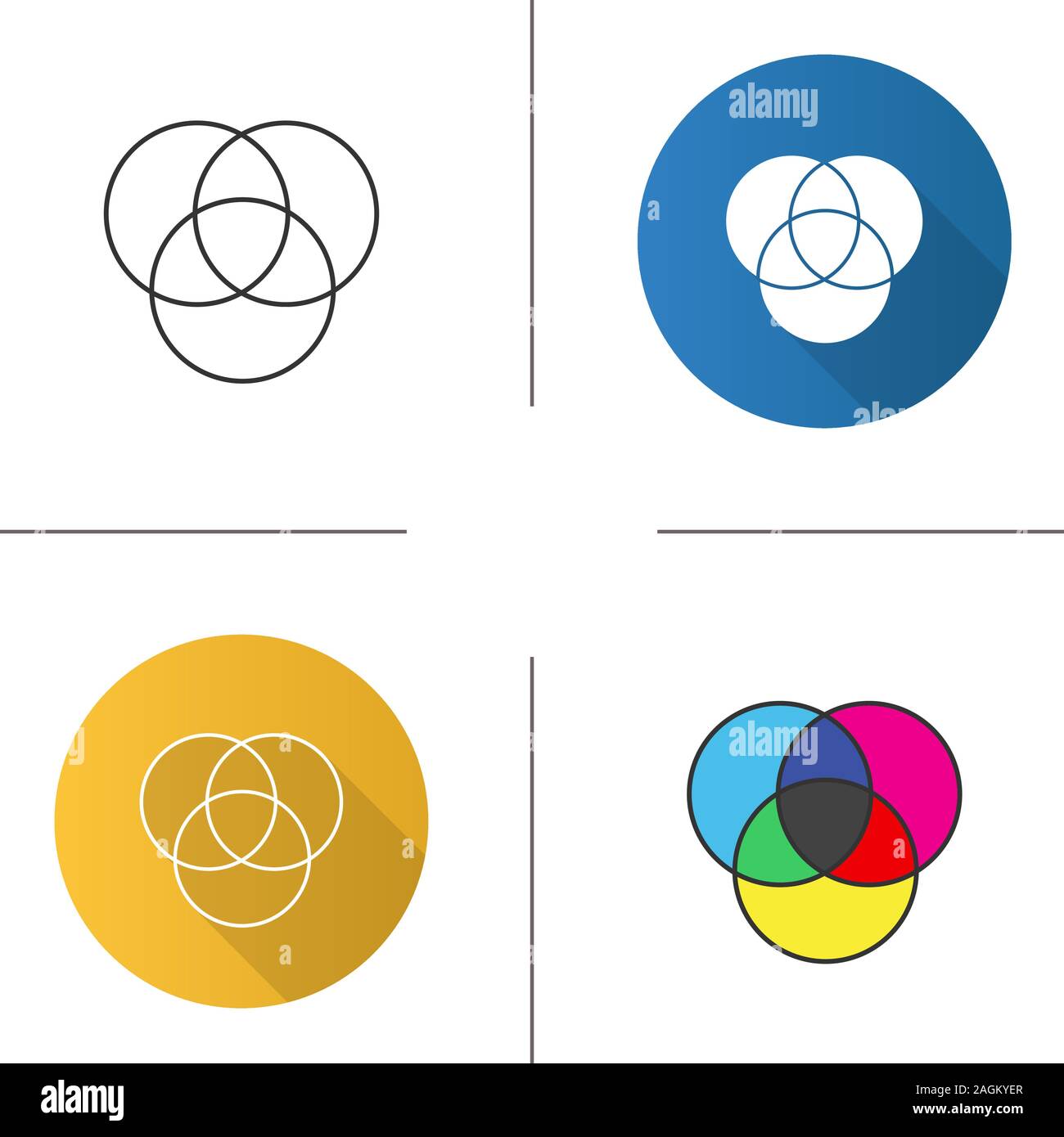 Cmyk or rgb color circles icon. Venn diagram. Overlapping circles. Flat design, linear and color styles. Isolated vector illustrations Stock Vector