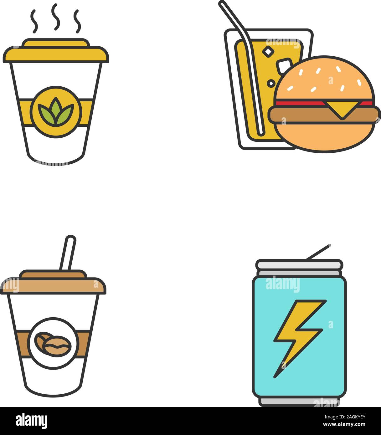 Drinks color icons set. Takeaway coffee and tea, energy drink, soda